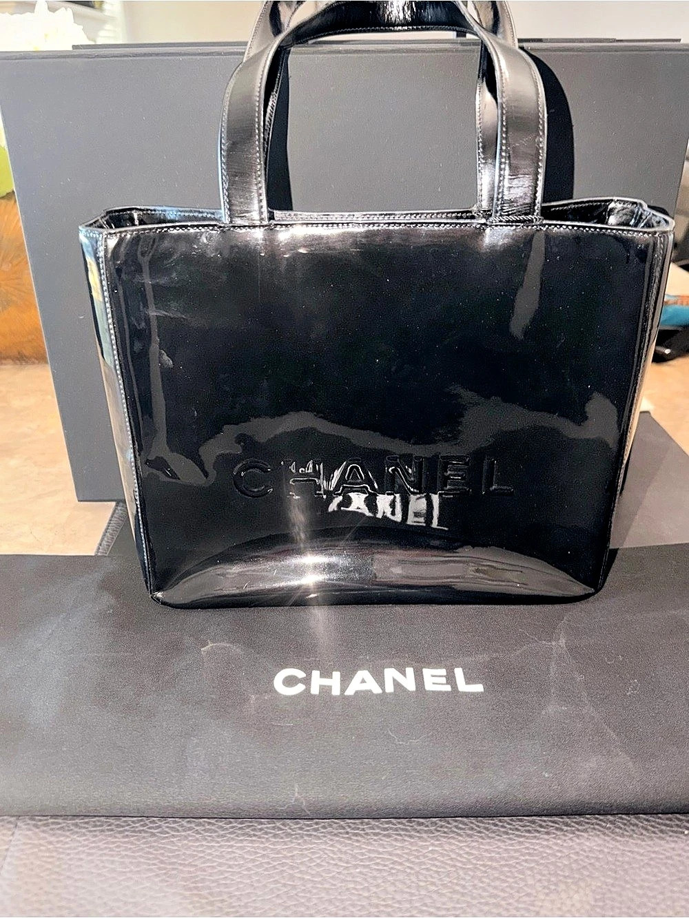 Chanel Vintage Patent Leather Embossed Logo Tote in Black